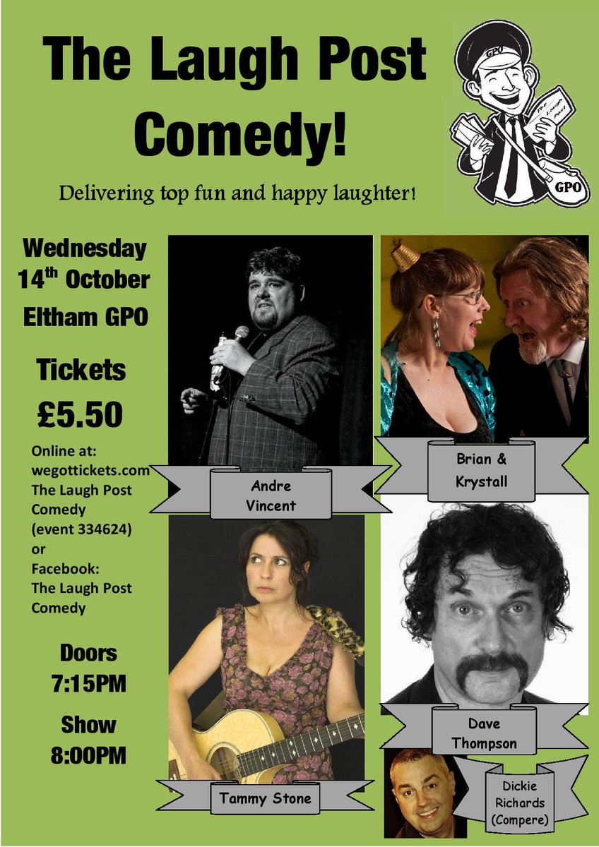 See <a href="/Vinny64/">Vince</a> <a href="/davethompsonha/">Dave Thompson</a> <a href="/BrianDamage2010/">Brian Damage-Comedy</a> &amp; <a href="/tammytrumps/">Tammy Stone</a>  on October 14th at <a href="/EltGPO/">Eltham GPO</a>  wegottickets.com/event/334624