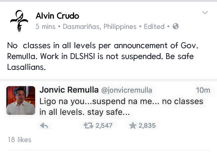 dlshsicmsc's tweet photo. Classes in DLSHSI in all levels are suspended as per announcement of Gov. Remulla and Dr. Alvin Crudo. Keep safe! http://t.co/4BSQ1GbAV8