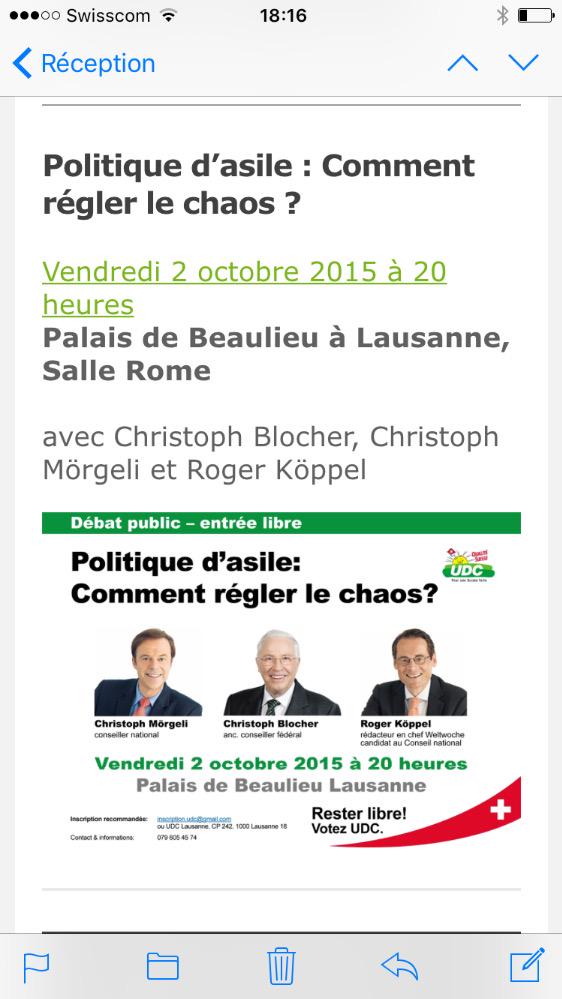 Voiblet's tweet photo. Meeting avec R. Köppel et C. Blocher - Mettre fin au chaos de l'asile ! 2 octobre à 20h Palais de Beaulieu https://t.co/ndPA1Teke7