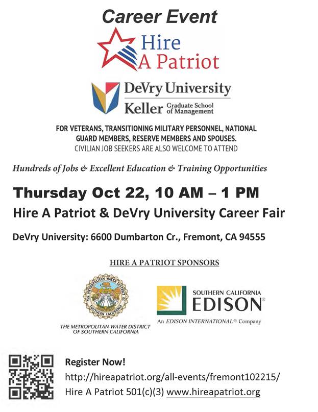 vetsreturnhome's tweet photo. October 22nd @HireAPatriot career fair #veterans #California @devryuniv @SCE https://t.co/h22zNtzdsP