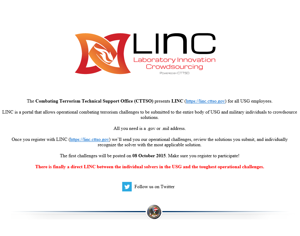 LINCCTTSO's tweet photo. Laboratory Innovation Crowdsourcing allows every USG employee to solve combating terrorism challenges.  Register now https://t.co/wfZurnwqy0