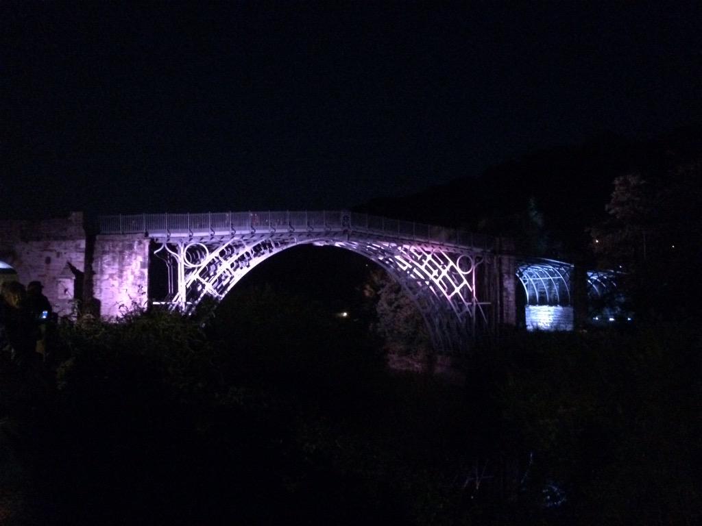Crowds in #Ironbridge tonight as famous bridge is transformed by light