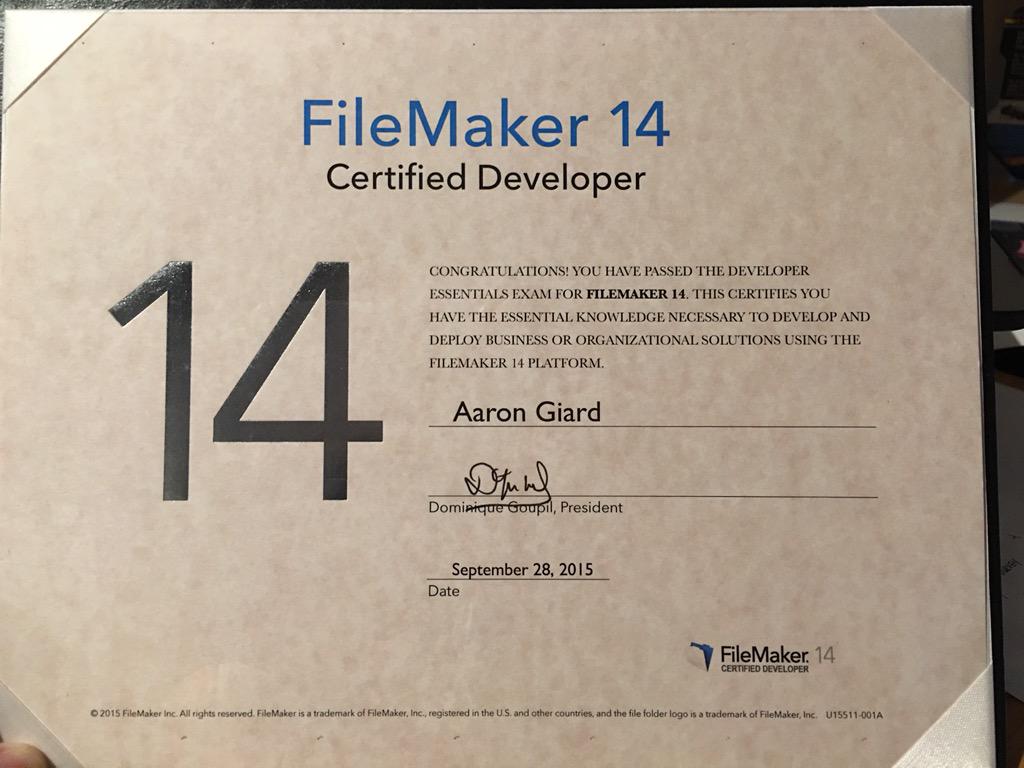 AaronGiard's tweet photo. It's real! #certified @filemaker_pro #filemakerRocks https://t.co/ZOoKfibcjW
