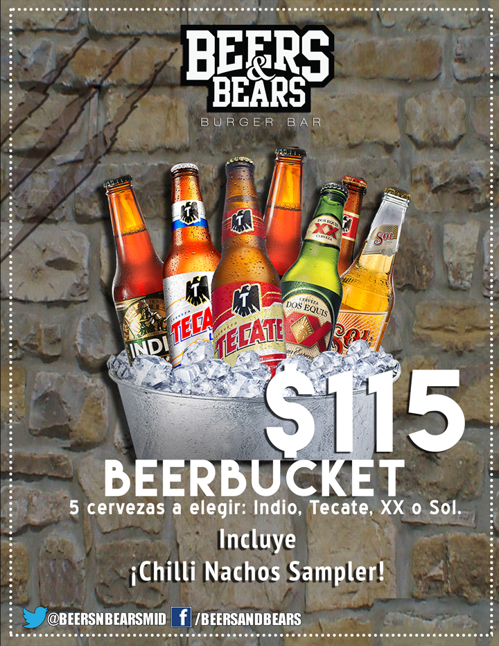 BeersNBearsMid's tweet photo. Para compartir #Beerbucket a $115 con 5 chevas a elegir y Chilli Nachos Sampler. https://t.co/VaDHb36J9e