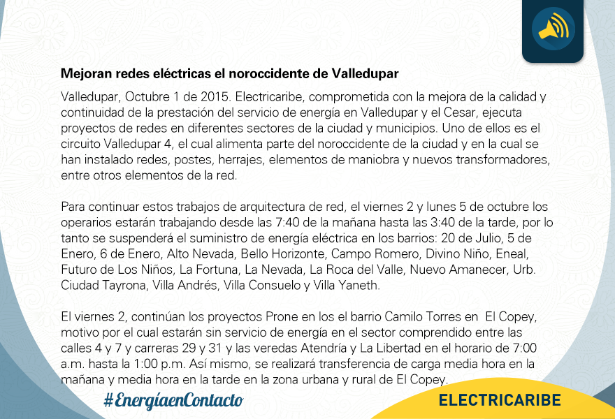 ElectricaribeSA's tweet photo. Este viernes 2 y lunes 5 de octubre, mejoras de redes eléctricas en el noroccidente de #Valledupar y #ElCope, Cesar https://t.co/sTWQ7rQIRB