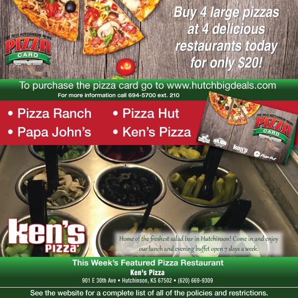HutchHub1's tweet photo. Purchase your pizza card! Enjoy a large Ken's Pizza, and their amazing salad bar! https://t.co/idhncMtFao https://t.co/iwiMVenxc6
