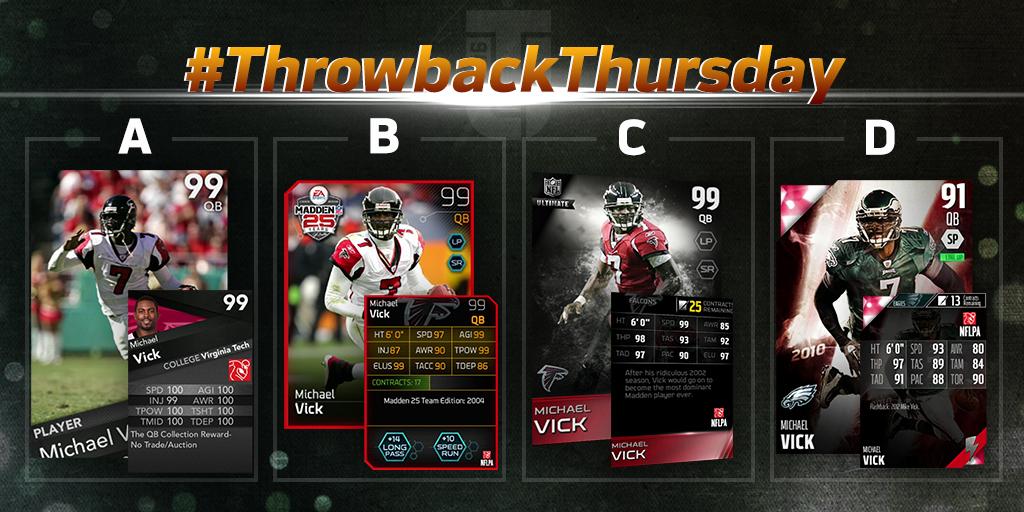 EASPORTS_MUT's tweet photo. Which @MikeVick do the @steelers hope show up for them tonight? #ThrowbackThursday http://t.co/ZBPFiIDYi0