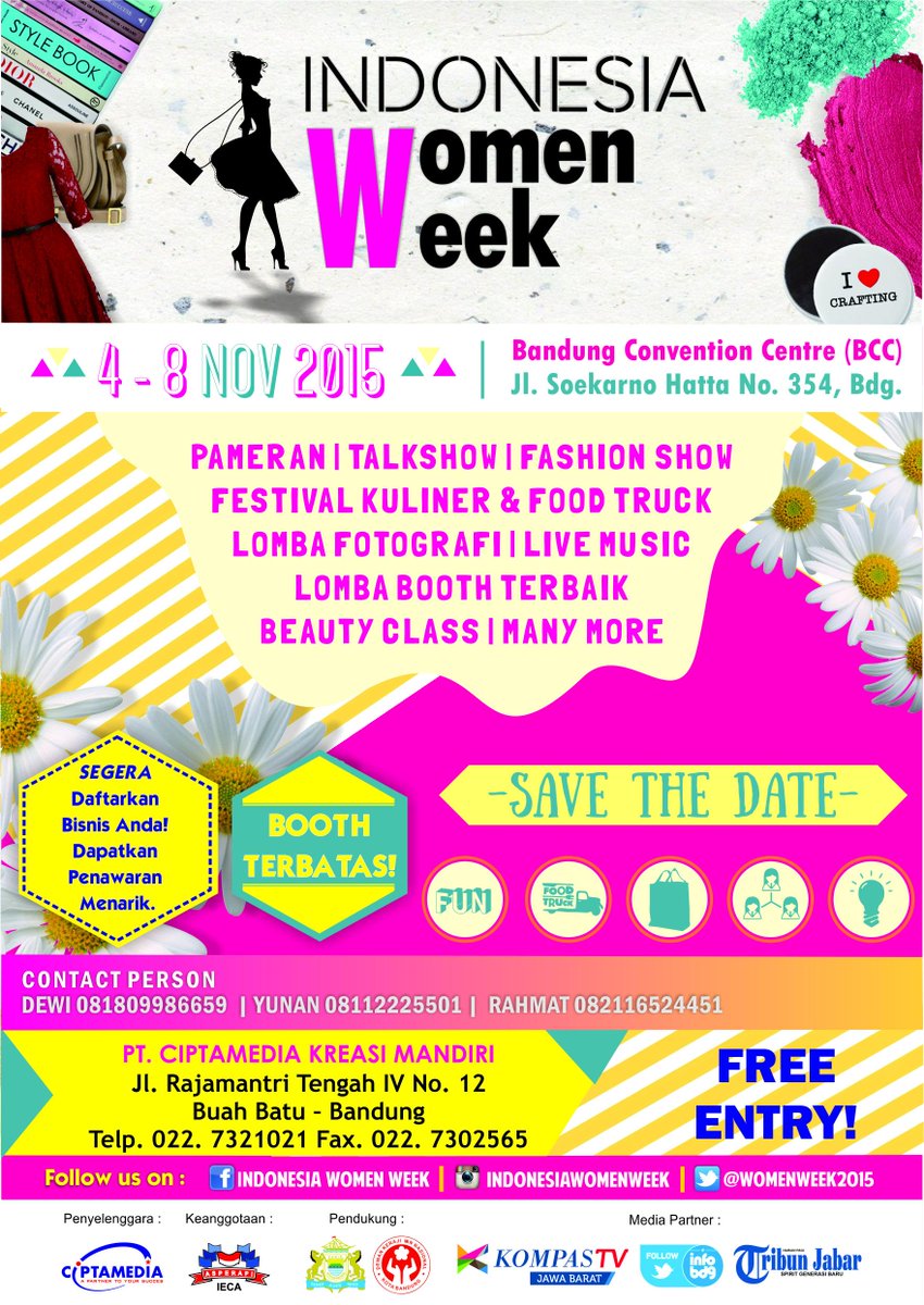 WomenWeek2015's tweet image. Pesan booth skrg &amp;amp; dapetin penawaran menarik di #IndonesiaWomenWeek | 4-8Nov Bandung Conv Center - @Ciptamedia_