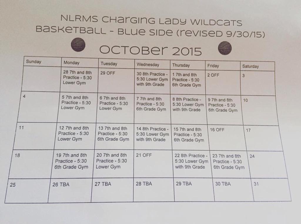 Girls BB Blue Squad Practice Schedule