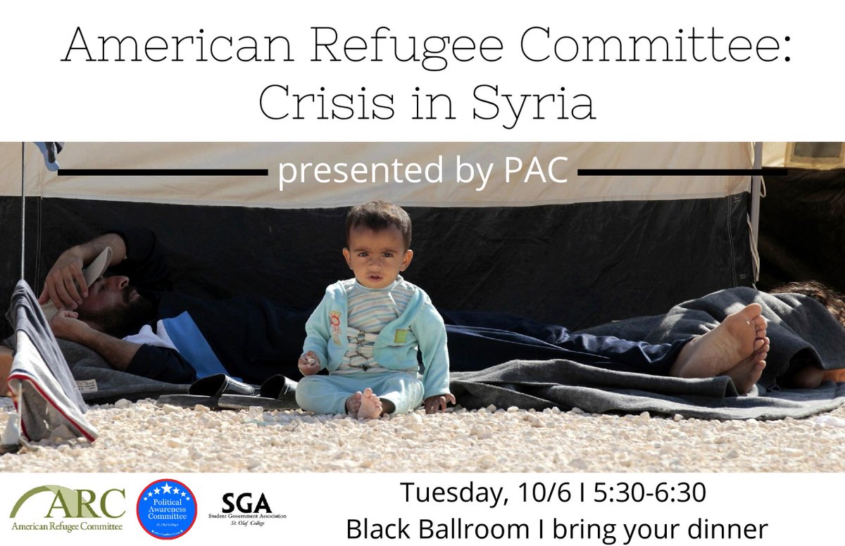 StOlafPolitics's tweet photo. The American Refugee Committee (ARC) is joining PAC this week to discuss the Syrian Refugee Crisis! #PACweeklydinner http://t.co/cyCxxmH58Q