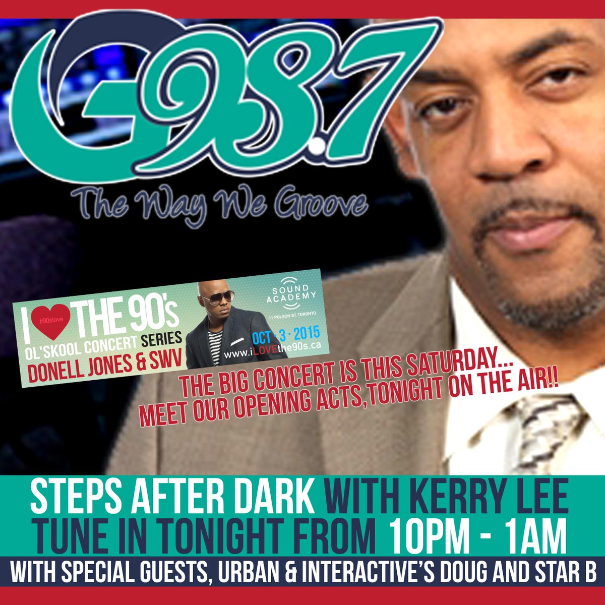 UrbInteractive's tweet photo. Tune in to @StepsAfterDark on @G987FM tonight from 10-1; Kerry Lee will chat with us about Saturday's 90's concert! http://t.co/nPyg2xEUEk