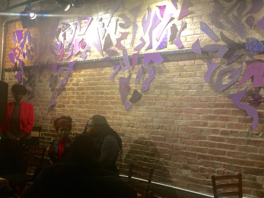 reneeisto's tweet photo. Caught the #ROS15 exhibit w/the artists of the Textures piece (as seen in purple) representing hair at @HHBakeryCafe! http://t.co/W6jFXRQvA0