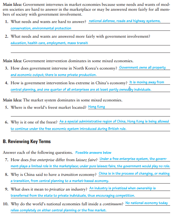 chapter 2 section 1 economic systems worksheet answers