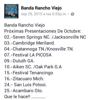 FAMILIABRV_SIN's tweet photo. Estas son las fechas para las proximas  presentaciones de @B_RanchoViejo en el  mes de OCTUBRE 💃
👣NO FALTES!! http://t.co/zQTKi3h8Dh