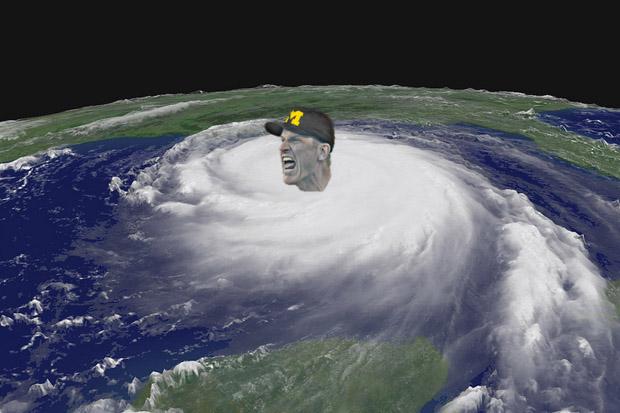 harbros's tweet photo. Hurricane Harbaugh. Expected to make landfall in College Park, Maryland on Saturday at Noon EST. #GoBlue http://t.co/xXP7lStYqC
