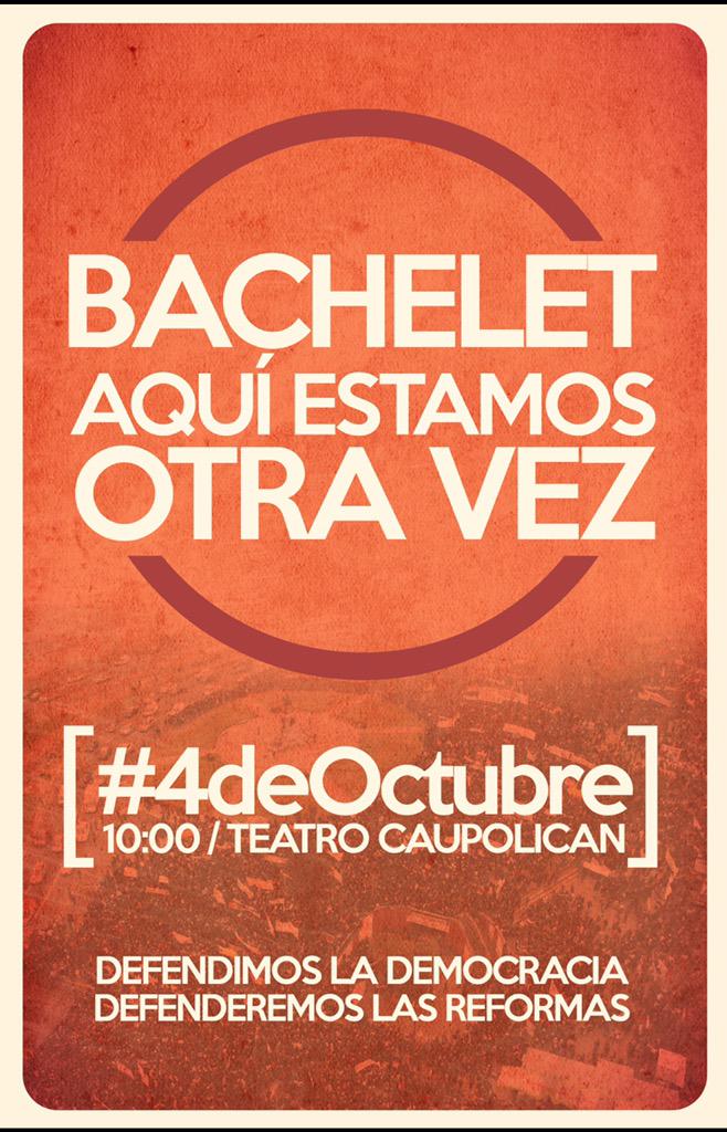 _magallanico's tweet photo. Con entusiasmo y convicción, este 4 de octubre a apoyar a la Presidenta y las Reformas #BacheletAquíEstamosOtraVez http://t.co/ujgwjRiqiq