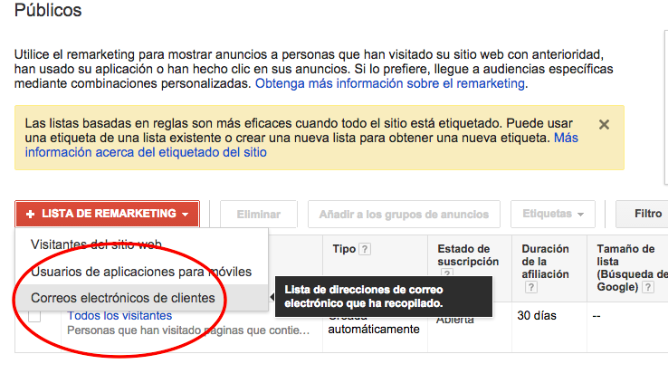 jrsanfeliu's tweet photo. Ya aparece en cuentas #AdWords de mis clientes la opcion de crear listas de #remarketing de emails de clientes http://t.co/loCGalYJKH