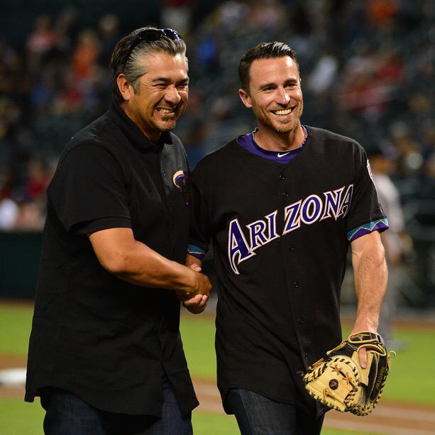 Dbacks's tweet photo. #Dbacks alumni Albie Lopez and Robby Hammock connected for tonight's ceremonial first pitch. #DbacksTBT http://t.co/OpDAJaobQX