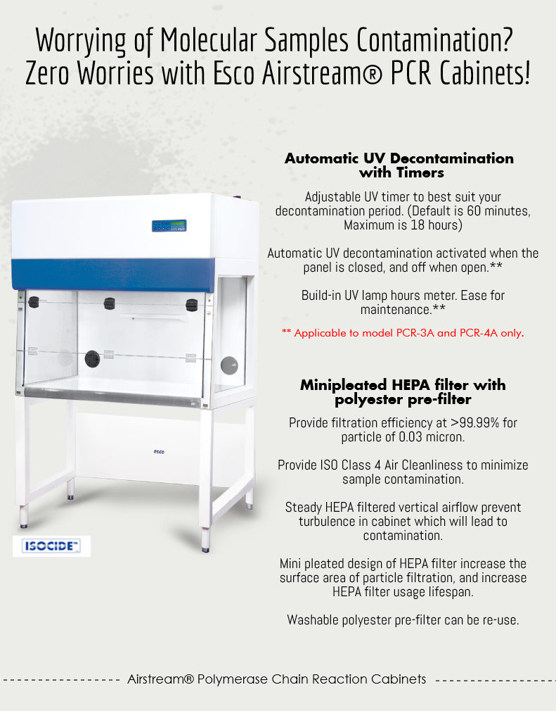 EscoPCRCabinets's tweet photo. Zero worries of sample decontamination with Esco PCR Cabinets.
#esco #PCRCabinets #UV #HEPA #prefilter #ISOclass4 http://t.co/cN03ofTFCK