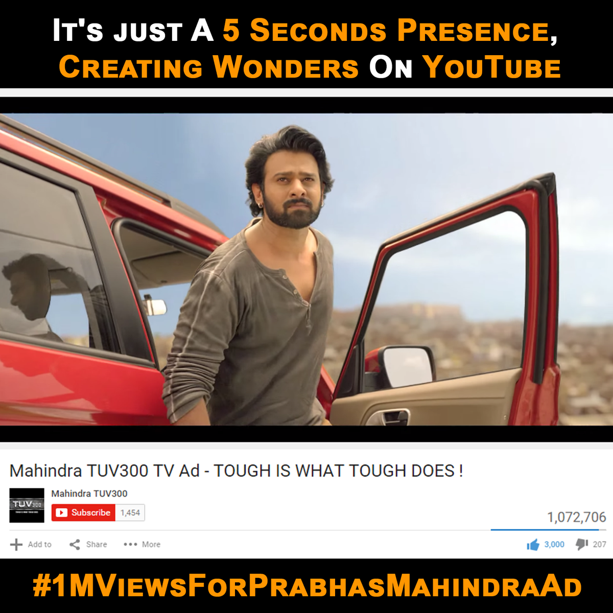 PrabhasRules's tweet photo. It's just A 5 Seconds Presence, Creating Wonders On YouTube
#1MViewsForPrabhasMahindraAd #3kLikes #Prabhas http://t.co/KroUT707d8
