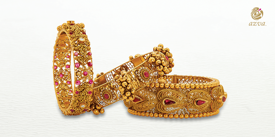 Gold Bangles with White & Red Stones - South India Jewels