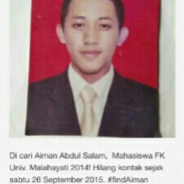 @fkunimal15 bantu share
DICARI ! tmn kami aiman abdul salam. hilang sjak 26-9-15 trakhir di pel. merak 083170912639