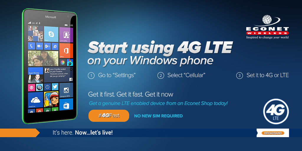 econetzimbabwe's tweet photo. Start using Econet #4Gfast on your Windows smartphone: 
Go to Settings, select Cellular then set to 4G/LTE http://t.co/H52MSLSsDA