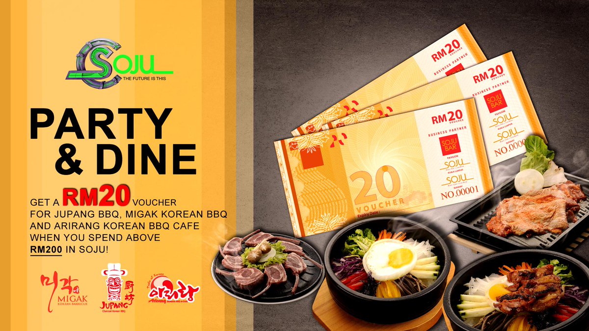 Pavilion_KL's tweet image. Party &amp;amp; dine. 
Get a RM20 Korean BBQ voucher at #Migak when u spend RM200 at #SojuBar!