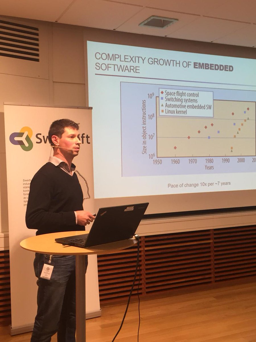 Swedsoft's tweet photo. Andreas Bergström, @Saab, about that every 7 years lines of codes in a project increase 10 times #Swedsoft http://t.co/pfposJUHPX