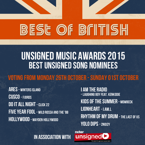 UNSIGNED MUSIC AWARDS 2015

<a href="/wearefjords/">F J O R D S</a> have been nominated for Best Unsigned Song!

Voting opens Monday 26th Oct