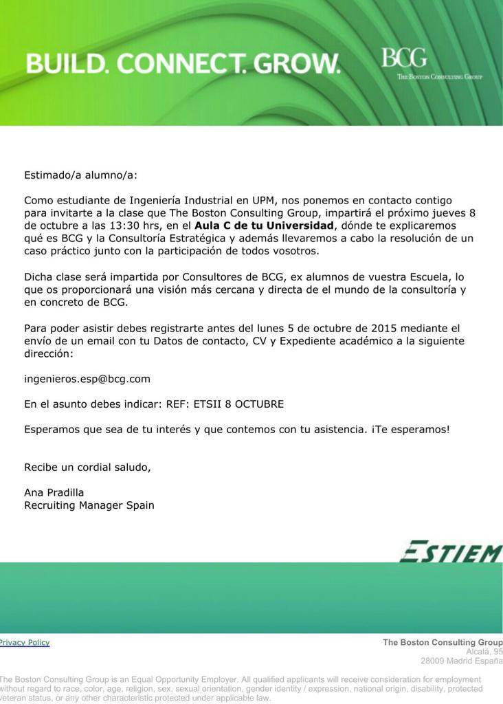 ESTIEM_Madrid's tweet photo. ¿Quieres trabajar en @BCGinSpain? Apúntate a su sesión reclutamiento en  @industrialesupm! http://t.co/sN9MJ4k0dw http://t.co/by2smA1BWy