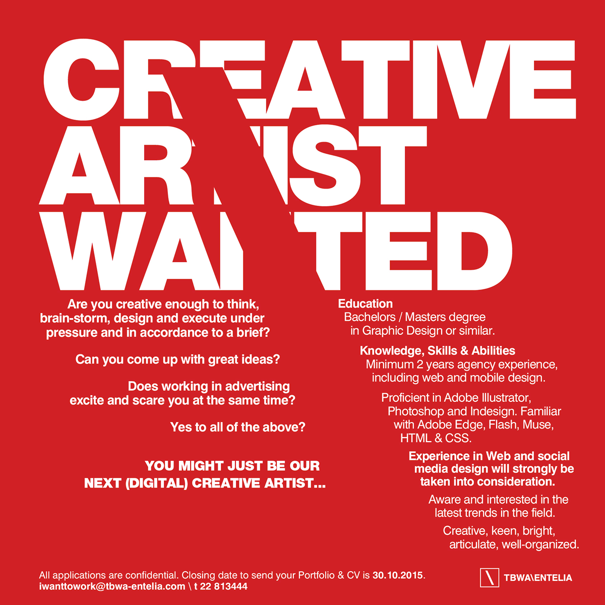 TBWAentelia's tweet photo. #WeAreHiring #SpreadTheWord 
#CreativeArtist #Nicosia #Cyprus http://t.co/GRQGwWIJLW