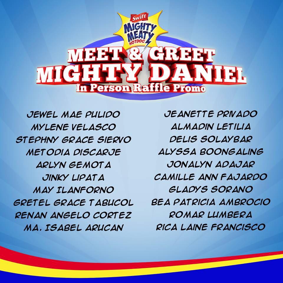 swiftfoodsph's tweet photo. Here are all our #SwiftMeetandGreet winners! Congrats! You're getting a chance to meet #MightyDaniel #SwiftMightMeaty http://t.co/QMEExb4mm4