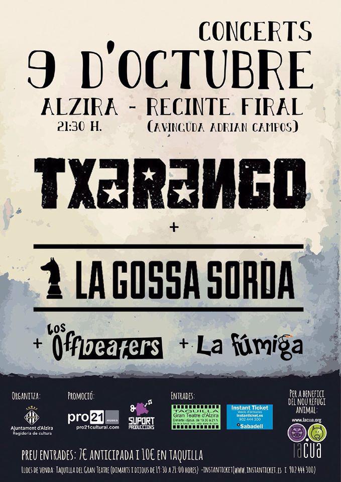 AjuntAlzira's tweet photo. Queda una setmana per al concert del 9 d'octubre de TXARANGO + LA GOSSA SORDA + LOS OFFBEATERS + LA FÚMIGA a #ALZIRA http://t.co/HS5mfc24WC