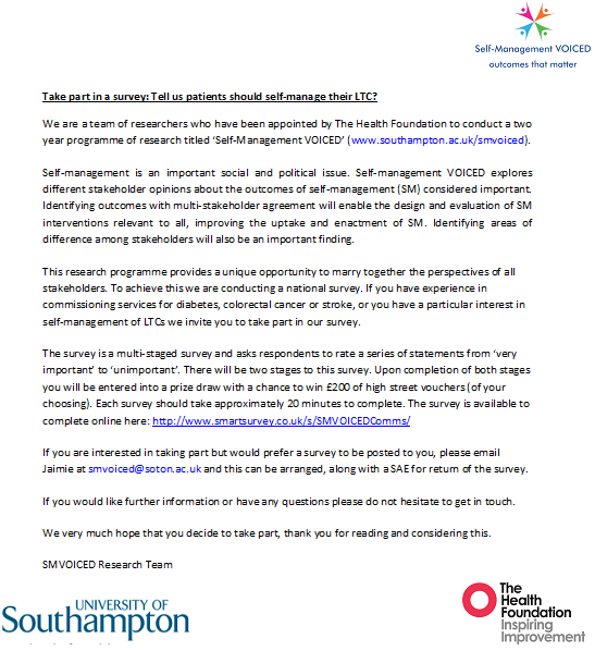 HealthFdn's tweet photo. .@SMVOICED are looking for commissioners to share views on #selfmgt - take part in survey at http://t.co/jy9QQH00Gu http://t.co/Ga2LdITKXK