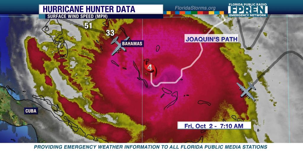 cfpublicmedia's tweet photo. #Joaquin has begun a northward turn this morning (left). Confidence growing it will miss East Coast (right). #flwx http://t.co/6eQbSHDaKY