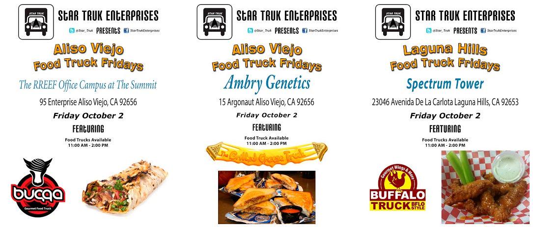 Todays Trucks #AlisoViejo via <a href="/Star_Truk/">Star Truk Ent</a> 95 Enterprise <a href="/BuqqaFood/">Buqqa Gourmet Food ™</a> 15 Argonaut <a href="/grlldcheesetruk/">Grilled Cheese Truck</a> DelaCarlota @BfloTruck