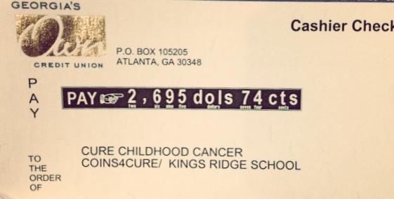 KingsRidgeCS's tweet photo. KRCS Lower School raised over $2500 in coins &amp; bills for @Coins4CURE. #childrenhelpingchildren #curechildhoodcancer http://t.co/9DWpE3GYJa