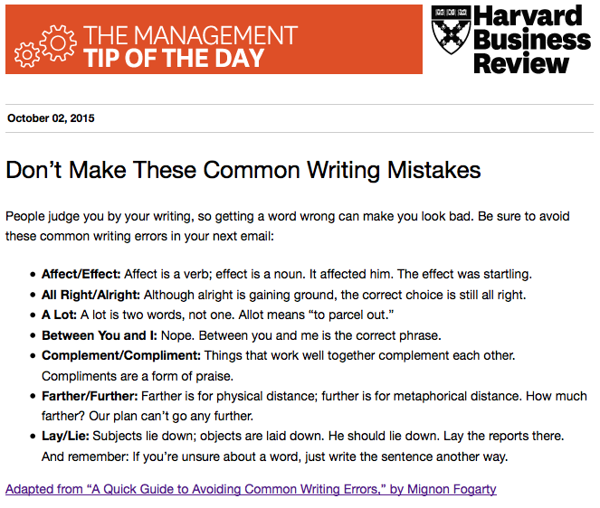 HarvardBiz's tweet photo. Today's management tip: Stop making the same writing mistakes http://t.co/CjM0r5jBzE