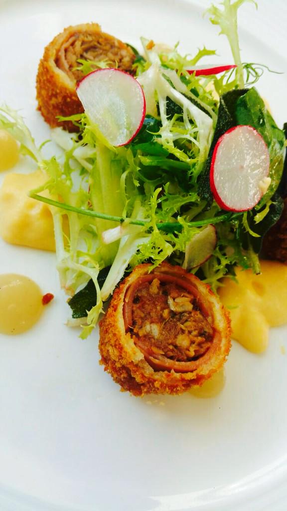 Crispy pork rilette with butternut squash foam, crispy sage, apple ketchup and frisee salad
