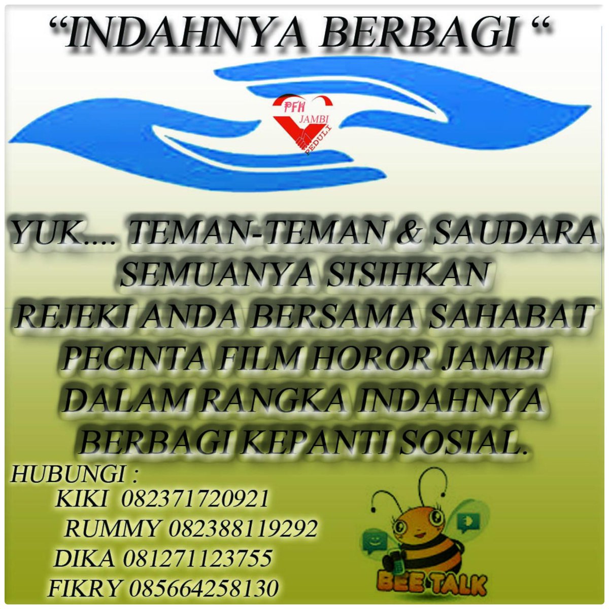Asslamualaikum
Bagi saudara yang mau ikutan ''indahnya berbagi'' silahkan hub nomor yg tercantum
Terima kasih.