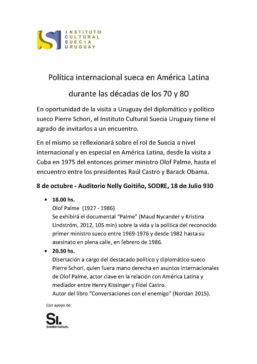 Difundimos invitación del Instituto Cultural Suecia Uruguay: Encuentro con Pierre Schori en Montevideo.