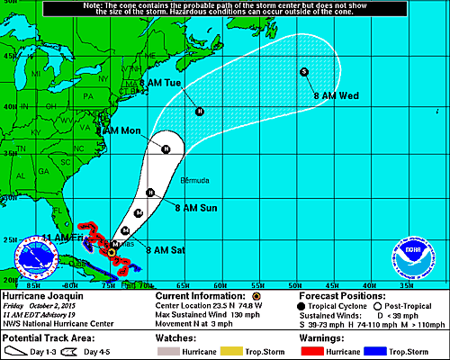 CassieNall_Wx's tweet photo. #Joaquin remains a cat 4 storm w/winds of 130mph over the Bahamas. Latest track from NHC keeps it off the east coast. http://t.co/deWx4FHLbe
