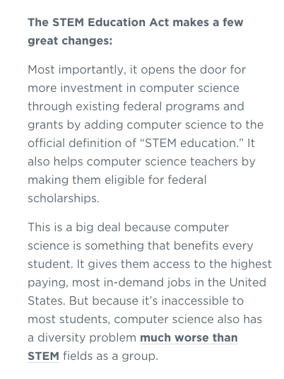 codeorg's tweet photo. This week Congress fixed a definition problem that’ll allow more investment in computer science. Why it matters: http://t.co/eE6vSi1E7Y