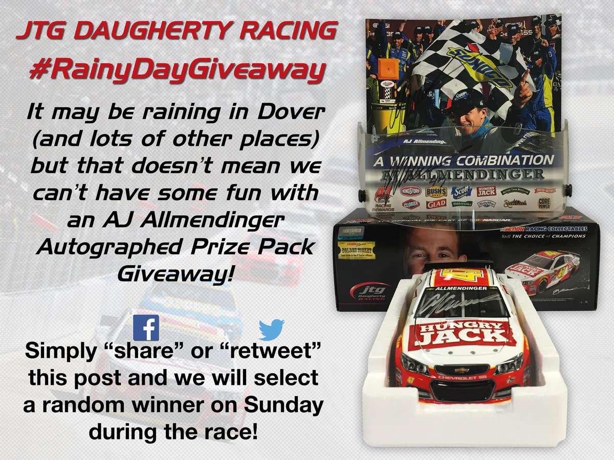 HYAKMotorsports's tweet photo. Hey #NASCAR Fans! RT for chance to win an @AJDinger autographed prize pack! Winner selected Sunday. #RainyDayGiveaway http://t.co/uRuza6jC70
