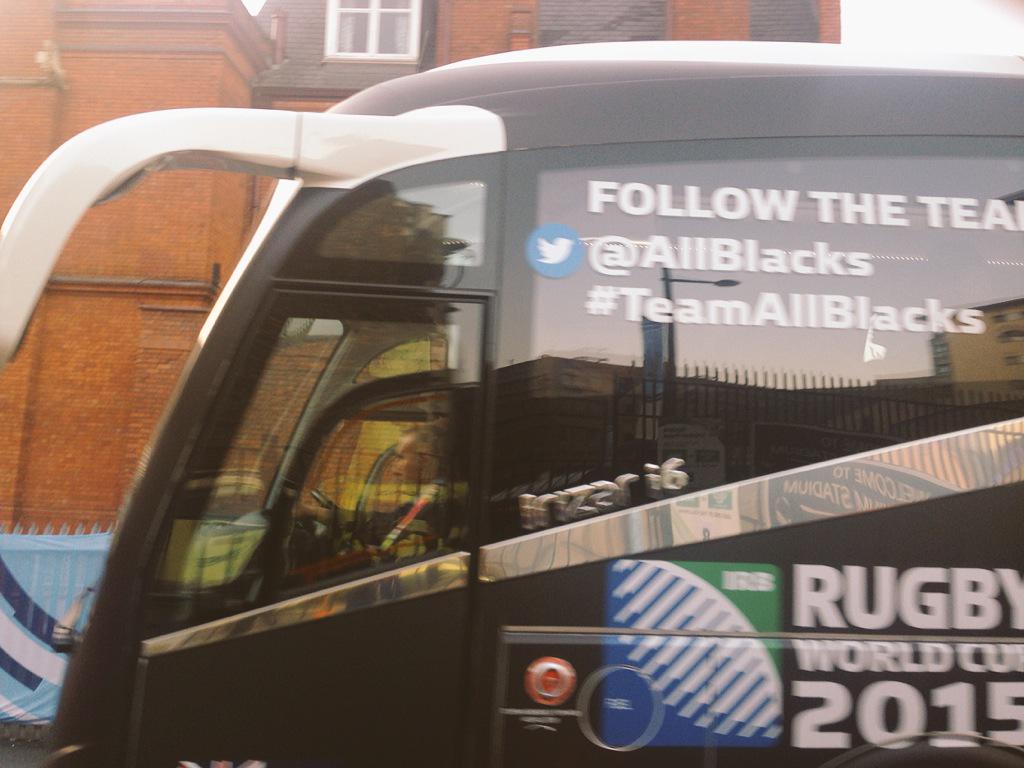 See pic. All blacks arriving at the Stadium with mounted escort. Look closely and you can just see the steering wheel