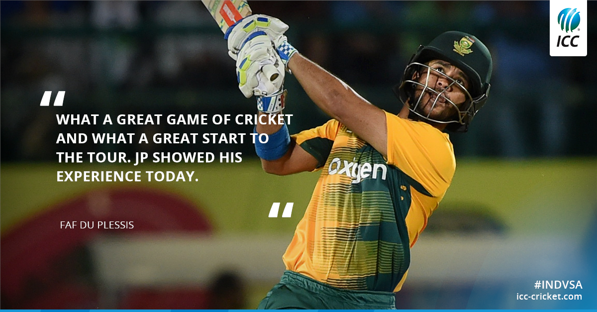ICC's tweet photo. .@faf1307 was full of praise for @jpduminy21 for his match-winning efforts in the 1st T20I: #IndvSA http://t.co/37UZj89rSM