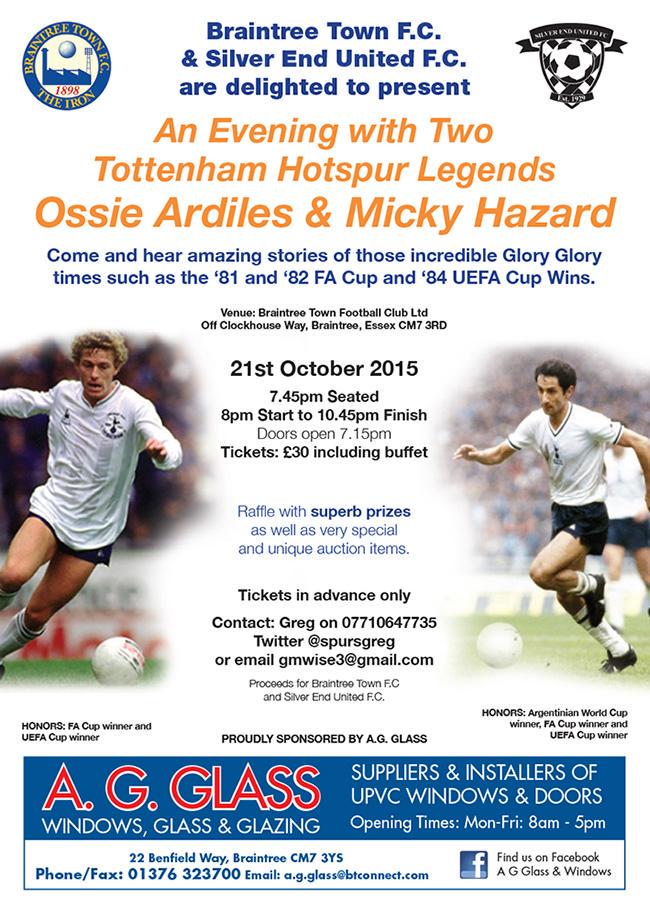 Please buy your tickets now for a great night with 2 incredible legends. Supporting <a href="/braintreetownfc/">Braintree Town FC</a> <a href="/SilverendFC/">SilverendFC</a>