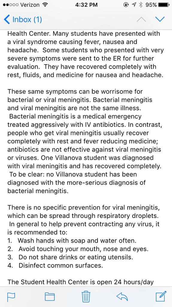 alissayank's tweet image. Kudos Villanova for saying without actually saying there's been an outbreak of viral meningitis on campus #FakeSchool