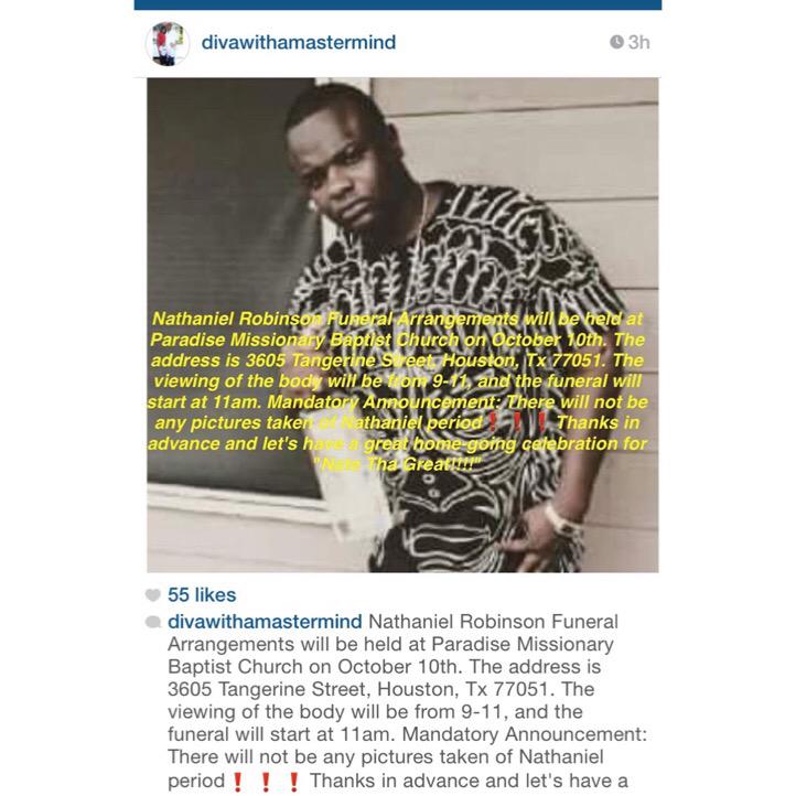 Nicchino's tweet image. Nate Funeral Services...via his wife #longlivenate